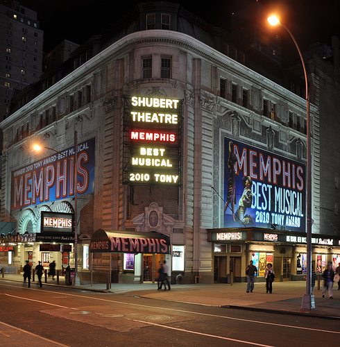 The Shubert Theatre, home to the Broadway musical "Memphis," lit up the night April 26. The Broadway Green Alliance has overhauled all Broadway theatre marquees with energy efficient bulbs.