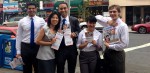 John Liu supporters Sajed Chowdhury, Ivan Khan, Paulina Baltazar and Sam Allen with John Liu's wife Jenny Liu, second to left, on primary day in Jackson Heights, Queens. (Photo Credit: Paulina Baltazar)