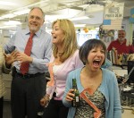 Philadelphia Daily News reporters Wendy Ruderman (far right) and Barbara Laker (second from right) rejoice with city editors Yvette Ousley and Gar Joseph. they won the 2010 Pulitzer Prize for investigative reporting. April 12, 2010 (Photo by Sarah J. Glover)