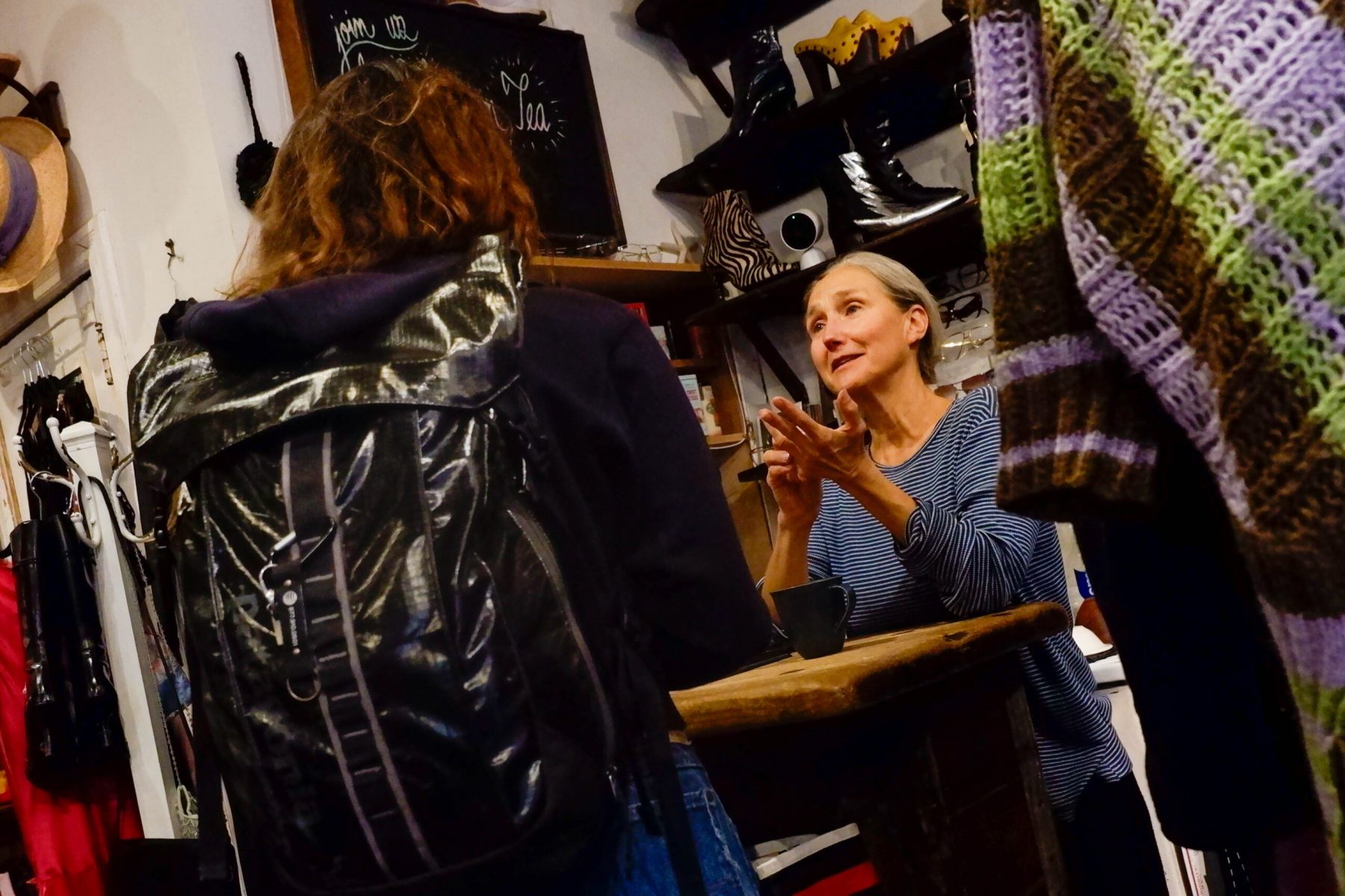 It's the first time student Ruby found her way into Malin's shop and the women exchange stories for half an hour.