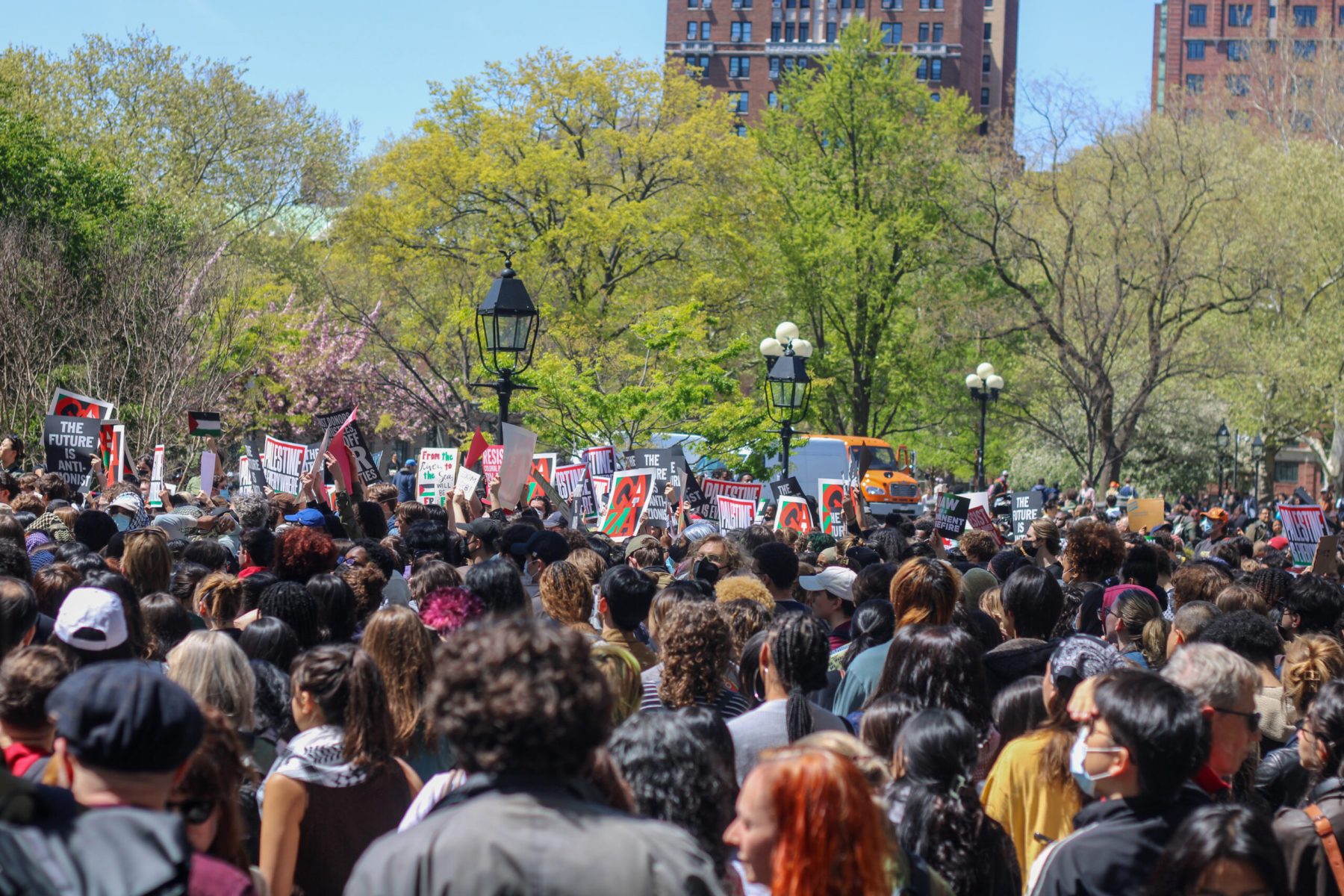 The NYU Palestine Solidarity Coalition’ held a strike and walkout in Washington Square Park on Tuesday. Hundreds of Pro-Palestine supporters gathered for the rally, which marks day two of protests at NYU after Monday’s encampment in Gould Plaza ended with 150 students and faculty members arrested by the NYPD. (Photography by Jordan D. Brown)
