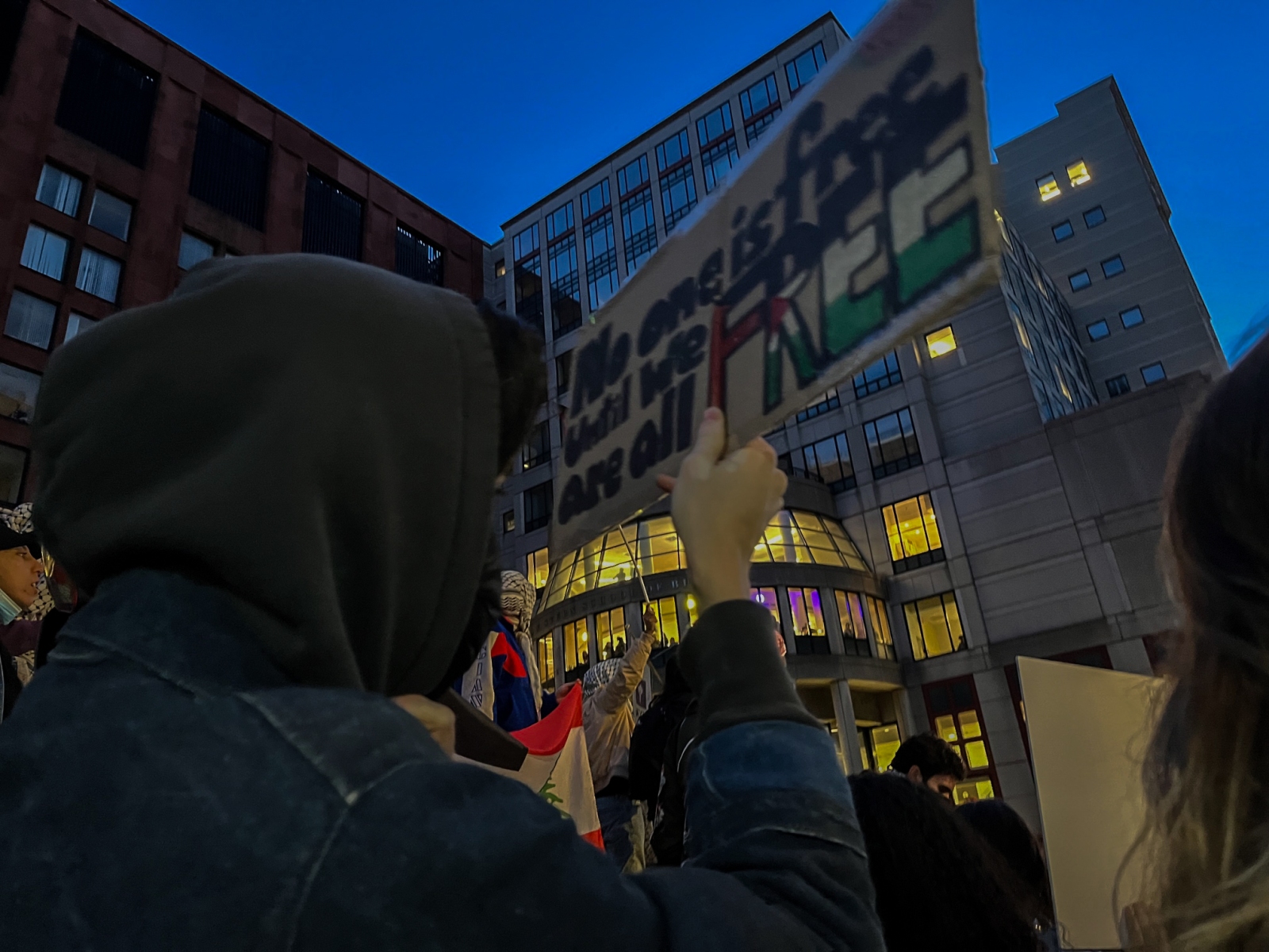 Several dozen NYU students occupied Gould Plaza on Monday, in front of the NYU Stern School of Business, in protest of the continued war in Gaza and NYU's connections with Israel. (Photography by Ryan Schwach)