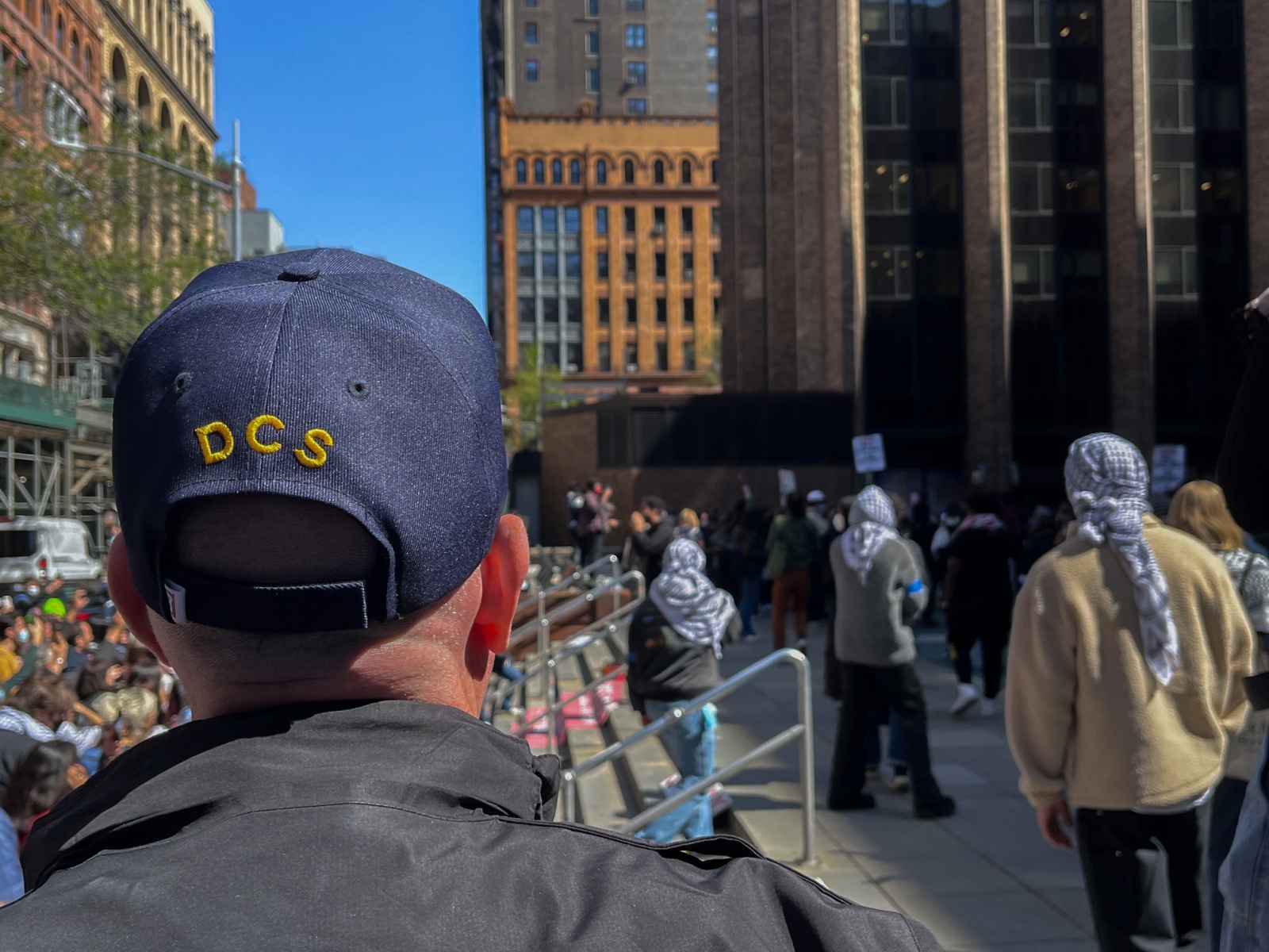 Several dozen NYU students occupied Gould Plaza on Monday, in front of the NYU Stern School of Business, in protest of the continued war in Gaza and NYU's connections with Israel. (Photography by Ryan Schwach)