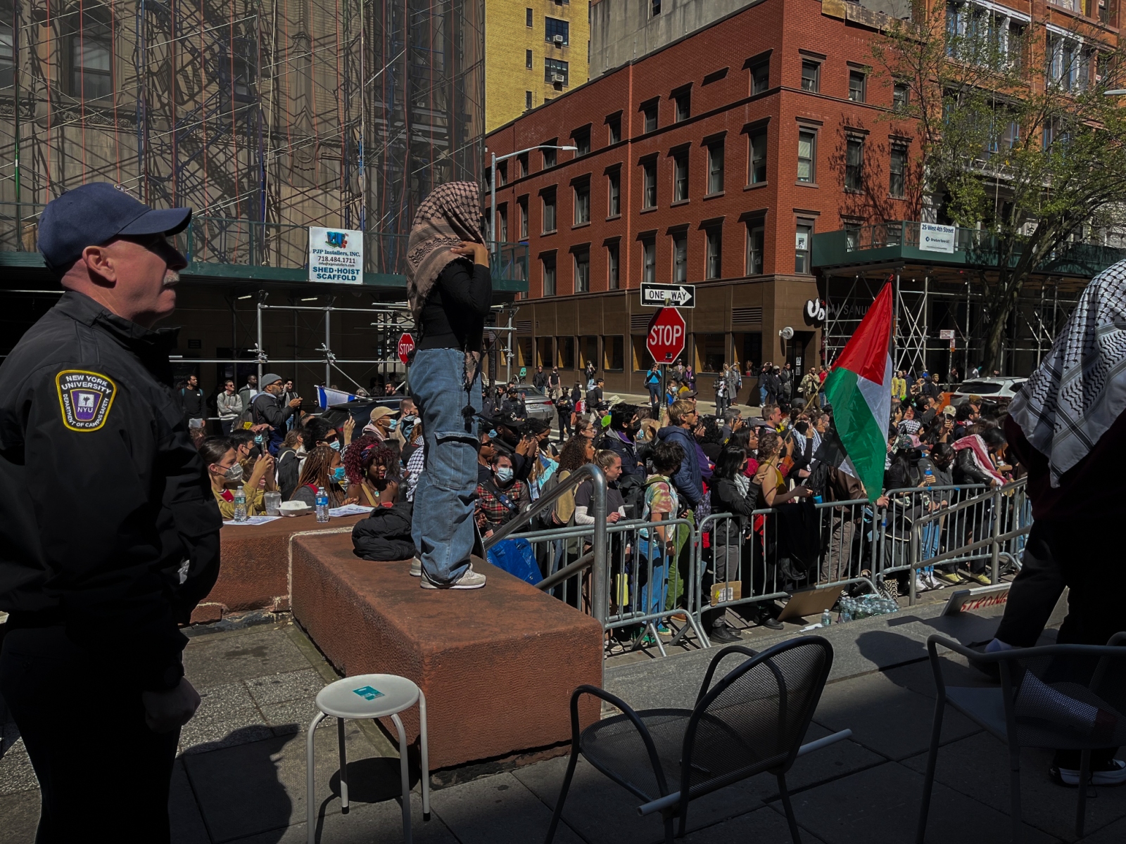 Several dozen NYU students occupied Gould Plaza on Monday, in front of the NYU Stern School of Business, in protest of the continued war in Gaza and NYU's connections with Israel. (Photography by Ryan Schwach)